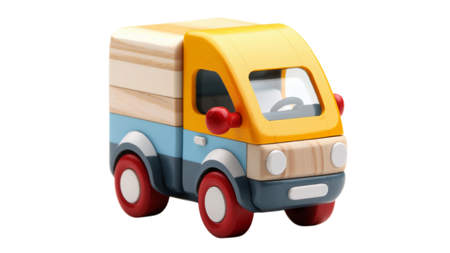 Png of A colorful wooden toy truck designed for children, showcasing bright hues of yellow, blue, and red.