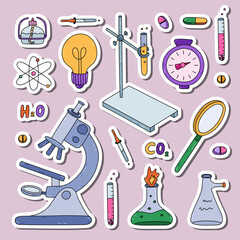 Cute sticker set with colorful doodle chemistry, science and laboratory clipart for planners, notebooks. Ready for print list of cute stickers. Lab equipment for chemical, medical experiment, study.