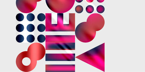 Abstract composition featuring geometric shapes. Circles, rectangles, triangle dominate design. Pink, navy hues create modern aesthetic. Minimalist style, clean background.