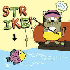 Cartoon tiger fishing and catching a fish in the water with a playful 