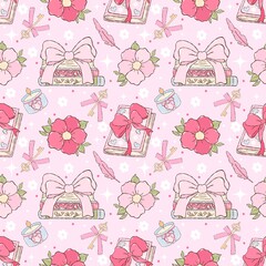 Vintage Romance Mail Seamless pattern. Keys of Affection Digital paper. Pink Secrets and  Petals print.