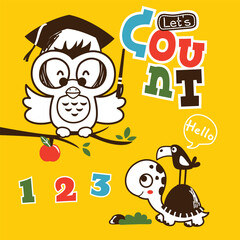 Cartoon owl wearing a graduation cap teaching counting with a turtle and playful numbers in an educational and fun design. Education concept
