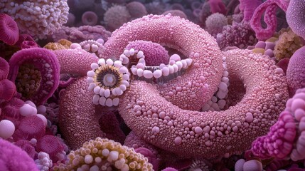 Fototapeta premium A digital illustration of a coral reef, featuring a variety of coral species in shades of pink, purple, and orange.