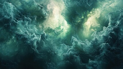Abstract swirling cloudscape, dark teal and greenish hues, ethereal atmosphere.