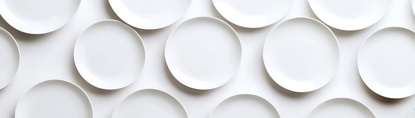 Fototapeta premium Empty white plates arranged on white background, minimalist food photography, clean design, tableware display