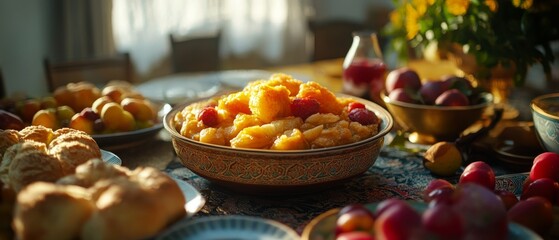 Vibrant fruit and pastries are artfully arranged on a sunlit table, evoking warmth and homely abundance.