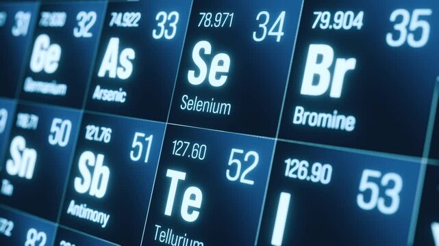 Periodic table of the elements. Oxygen, sulfur, tellurium, selenium. System, material, chemical, atomic number, weight, material, science, education. 3D animation