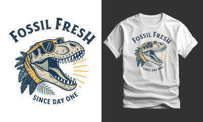 Fossil Fresh Since Day One, dinosaur Styled Faces and Vintage Typography Concepts,T-shirt design
