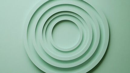 Fototapeta premium Thin concentric blocks on a soft pastel green surface, Geometric shapes expanding symmetrically with central space, Block-expansion minimalist style
