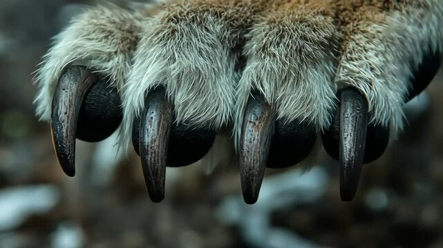Close-up of a wild animal's paw showing sharp claws and textured fur in a natural setting