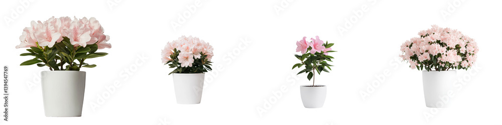 Poster minimalist mockups of pink azalea plants in white pots arranged in isolated settings for a clean aes