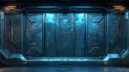 Obraz premium Abstract Dark Metal Plate Background with Blue Lighting Seamless Panel Texture for Futuristic Industrial Design or Sci-Fi Concept