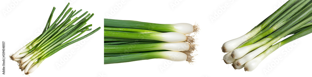 Poster fresh green onions arranged in isolated minimalist mockups showcasing vibrant colors and textures on