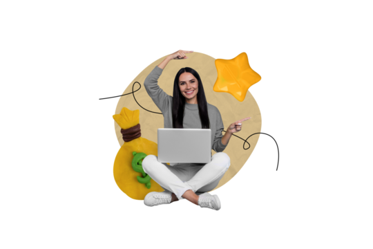 Photo of optimistic business entrepreneur worker rich investor woman money bag direct fingers bright star isolated on beige background