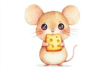 Whimsical watercolor mouse holding cheese cute animal illustration bright background playful concept