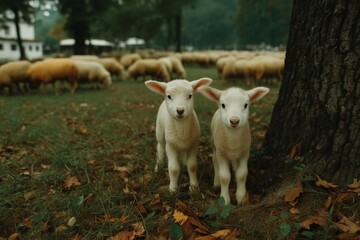 Obraz premium Spring Lambs looking directly at you. New Spring Lambs watching you
