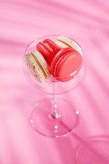 A delightful assortment of colorful macaroons arranged on a vibrant pink background