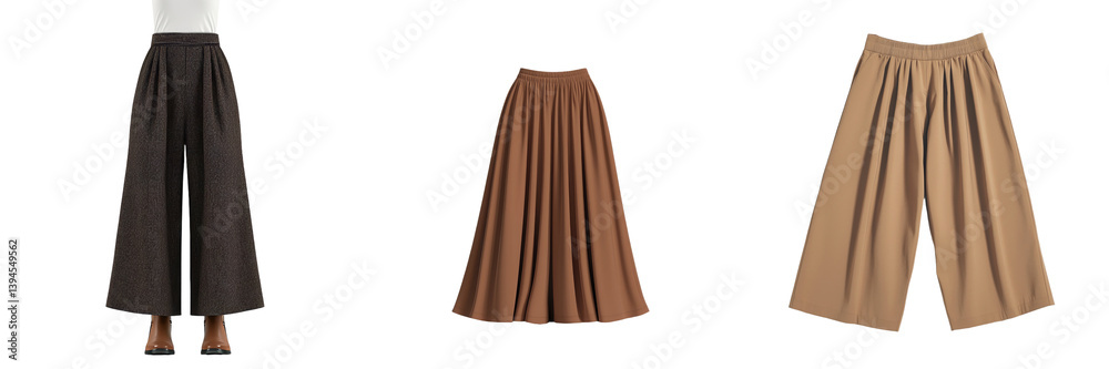 Poster stylish minimalist mockups showcasing three variations of wide-leg trousers in neutral tones for mod