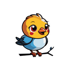 Fototapeta premium Cheerful cartoon bird perched on a branch in a vibrant, playful design with bright colors and expressive features