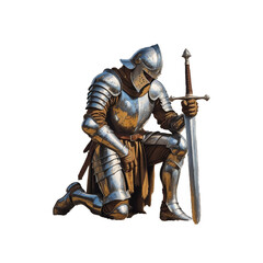 Knight in shining armor kneeling with sword at rest during a moment of reflection in a medieval setting