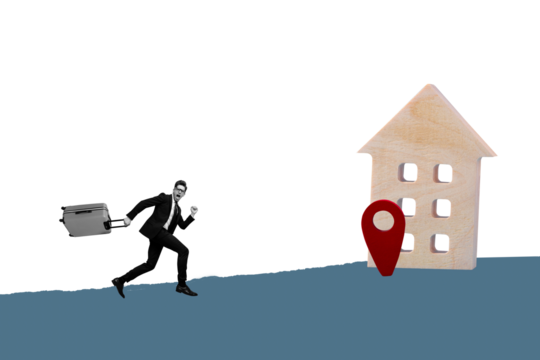 Trend artwork sketch image composite 3D photo collage of young guy hold baggage in hand run straight find hotel point vacation trip relax