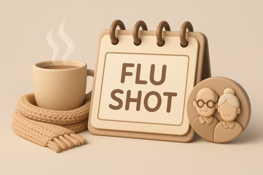 Calendar Reminder for Immunity: A stylized seasonal health scene, emphasizing flu prevention, showing a cozy cup of hot drink, a warm scarf, and a calendar with the message FLU SHOT.