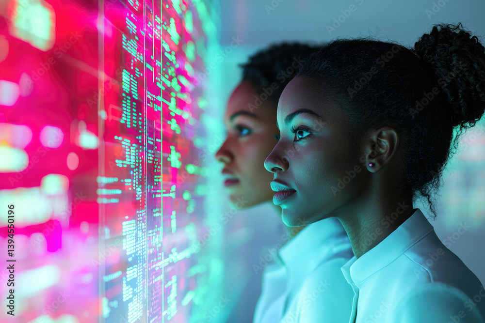 Poster Two women analyze data and algorithms displayed on a glowing screen, possibly related to artificial intelligence and technology.