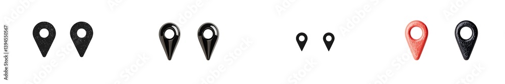 Poster Minimalist mockups featuring various isolated map pins in black and red colors arranged on a clean white background