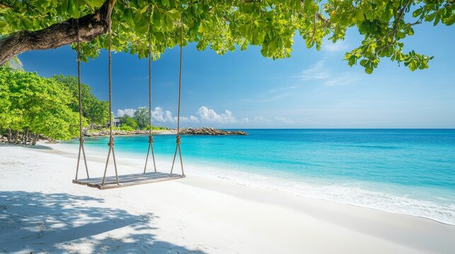 An idyllic tropical beach setting includes a hammock or swing, soft white sand, and calm seas, making it an excellent spot for relaxation and summer getaways. Bahamas