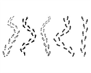 Foot trail set. Human footprints.  Step footprints paths, Illustration. Isolated on white background