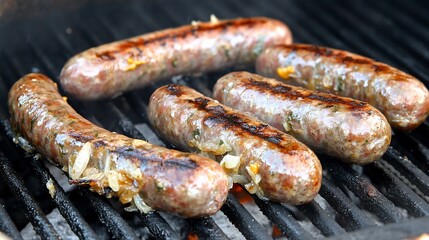 Grilled sausages cooking on a barbecue grill
