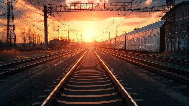 Sunset over railway tracks, industrial area