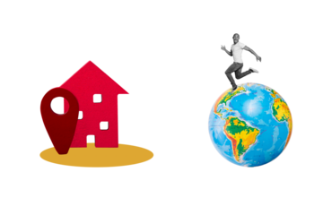 Vertical collage image of mini black white effect guy run world globe home building location mark isolated on green background
