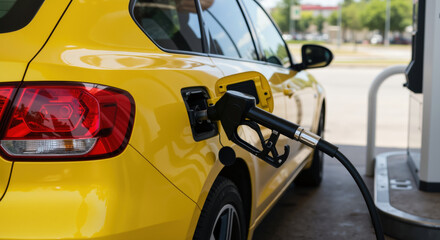 Yellow car being refueled at gas station with pump nozzle inserted in tank. Fuel economy concept for automotive industry news and transportation cost analysis