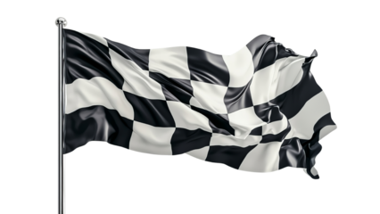 Png of A waving black and white checkered flag, symbolizing the finish line in racing events, showcasing dynamic motion.