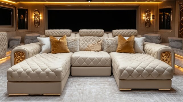 A three-dimensional rendering of an opulent home theater with plush seating, delivering a top-tier entertainment experience