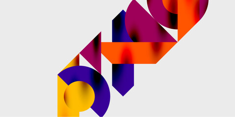 Abstract geometric shapes overlap, creating dynamic composition. Vivid gradients transition between yellow, purple, orange hues. Minimalist design emphasizes form, color interplay.