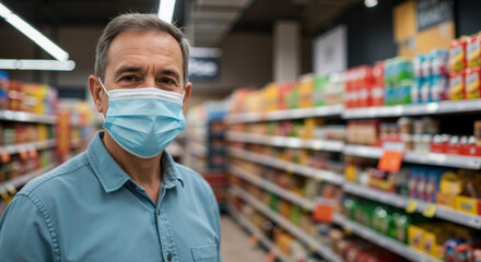 Man in blue shirt wearing medical mask in grocery store with shelves of food products in background. Pandemic shopping concept for public health safety measures and retail adaptations