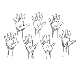 Obraz premium Sketch drawing of group of people open up and raising their hands up into the air. Business team work concept. Raising reaching hands up