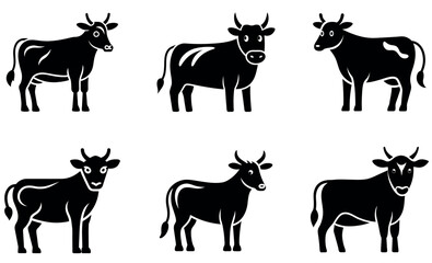 Simple Black and White Icons of Various Cow Breeds