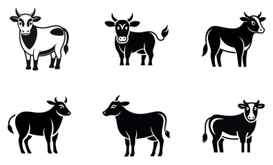 Simple Black and White Icons of Various Cow Breeds