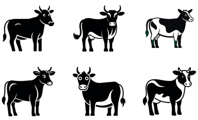 Simple Black and White Icons of Various Cow Breeds