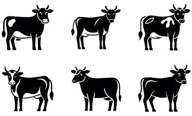 Simple Black and White Icons of Various Cow Breeds