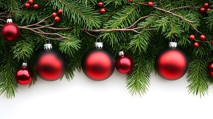Christmas Ornament Border Red Balls Pine Branches Festive Holiday Decoration