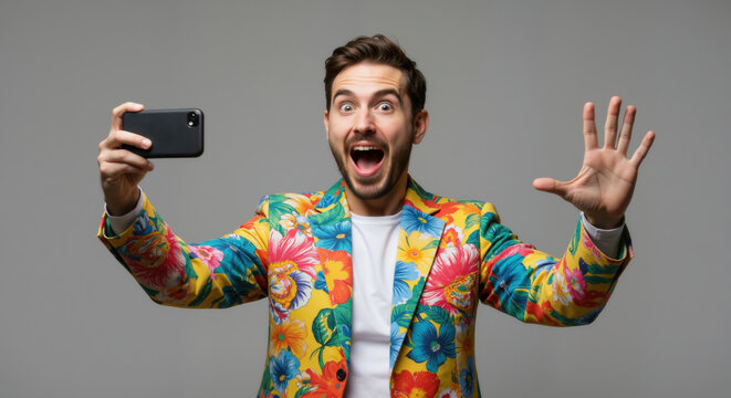 Excited young man in colorful floral jacket taking selfie with smartphone while waving hand. Social media content concept for travel influencer marketing and vacation lifestyle sharing - Powered by Adobe
