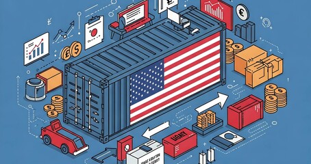 US flag-painted shipping container at the center of a diagram illustrating trade and economic activity.
