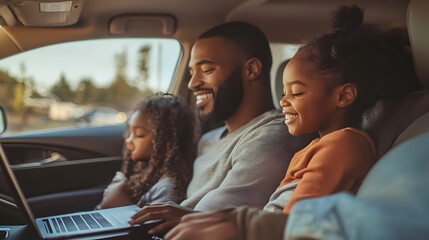 on a weekend road trip, with a laptop closed in the backseat, representing the importance of unplugging 