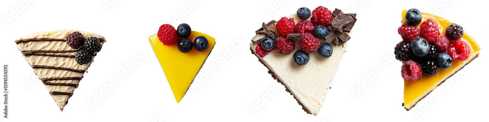 Poster delicious assortment of isolated minimalist dessert mockups featuring various cake slices with fresh