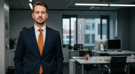 Obraz premium Confident man in business suit standing in modern office with blurred workspace background. Corporate leadership concept for recruitment agencies and executive coaching programs