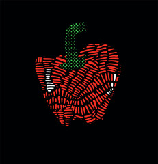 A hand-drawn red bell pepper illustration in a bold, textured style.